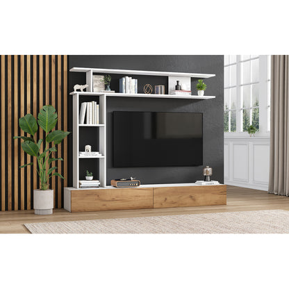 TV Meubelset – TV Meubel – Woonkamermeubel – Wandmeubel – Opbergkast – 180 cm breed – Wit en Hout – Geschikt tot 80 inch