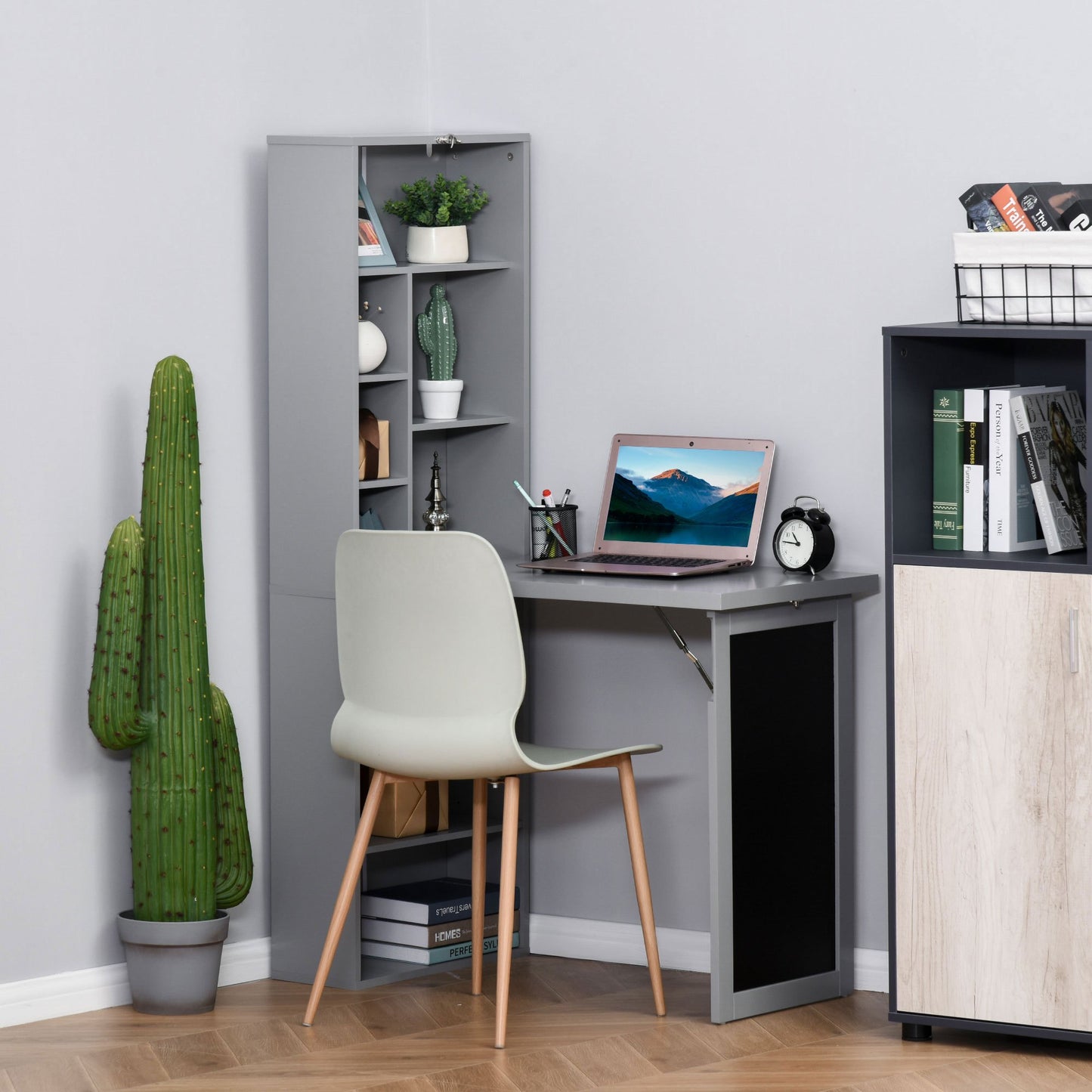 Opklapbureau – Klaptafel – Wandbureau – Computertafel – Werktafel – Met Opbergruimte – Verstelbaar Krijtbord – Ruimtebesparend Donkergrijs