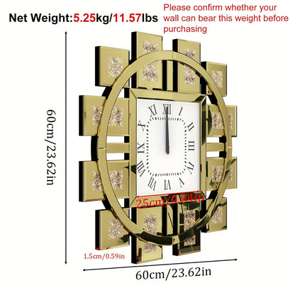 Spiegelklok – Wandklok – Muurklok – Klok Rond – Quartz Klok – 60 cm Diameter – Crushed Kristal & Gouden Spiegelglas