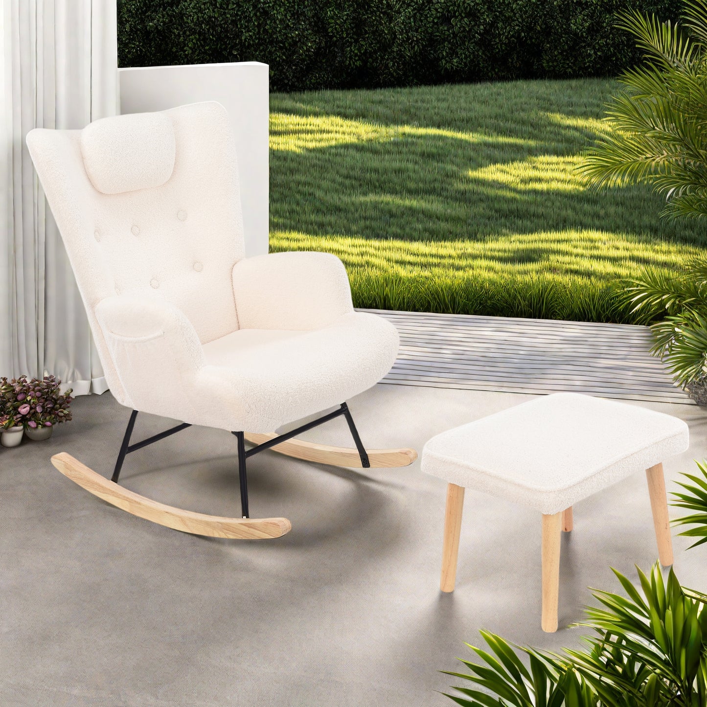 Fauteuil – Schommelstoel – Relaxstoel – Loungefauteuil – Leesfauteuil – Met Voetenbank – Zijzakken – Ergonomisch Design – Massief Hout – Wit