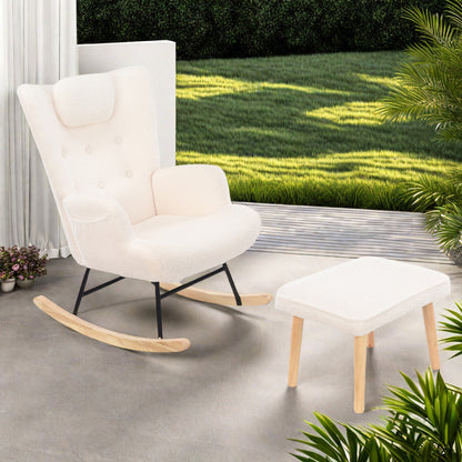 Fauteuil – Schommelstoel – Relaxstoel – Loungefauteuil – Leesfauteuil – Met Voetenbank – Zijzakken – Ergonomisch Design – Massief Hout – Wit