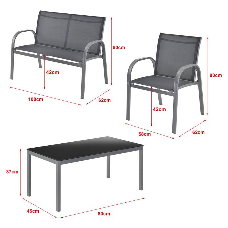 Tuinset – Tuinmeubelset – Bistroset – Loungeset – Balkonset – Stalen Frame – Glasplaat Tafel – Lichtgrijs – 2 Persoons Bank – 2 Stoelen