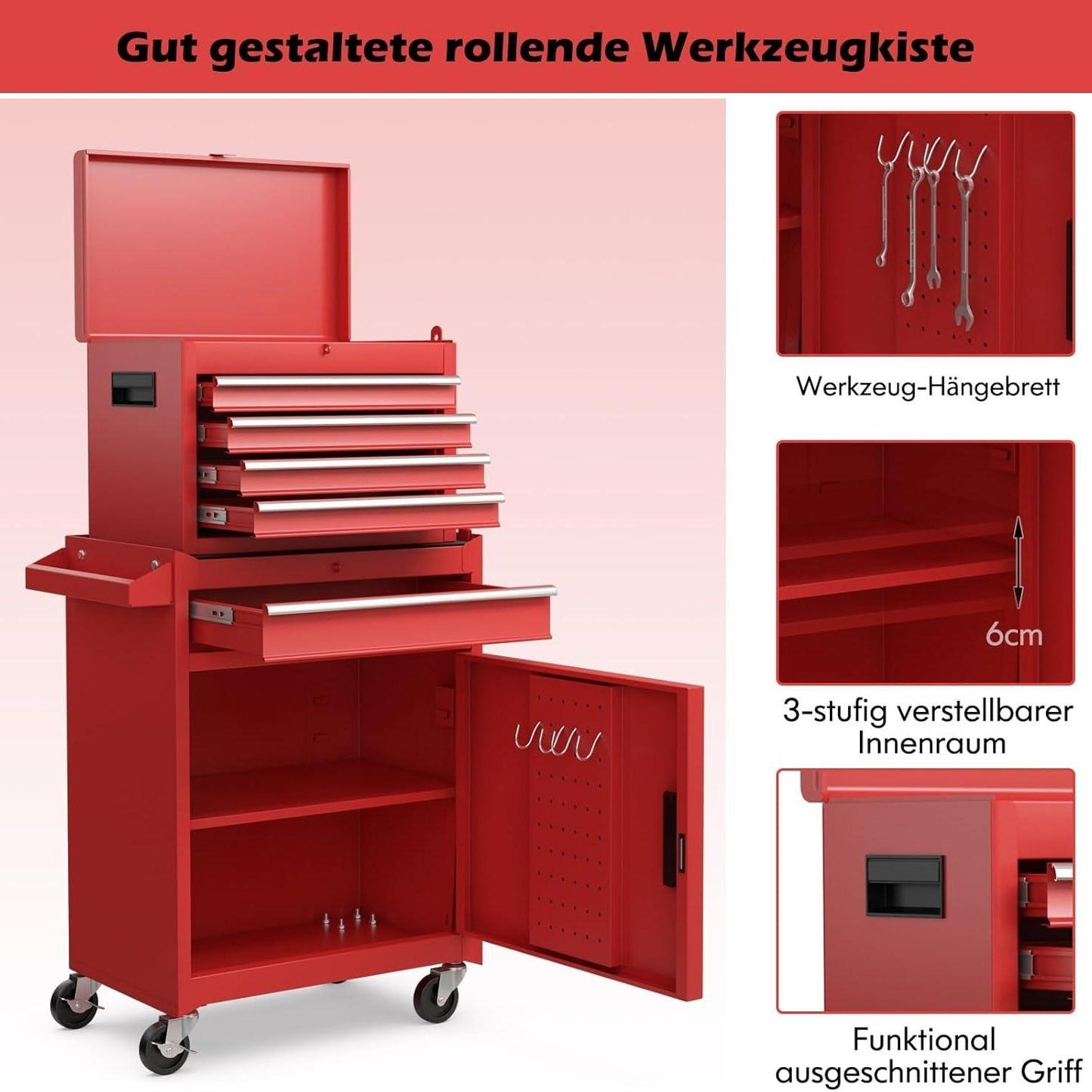 Werkplaatswagen – Gereedschapswagen – Opbergwagen – Toolcart – Werkplaatskast – 2-in-1 Afneembare Bovenkast – Verstelbare Schappen – Metalen Constructie – 100 kg Belastbaar – Mobiel Met 4 Zwenkwielen – Rood – 59x28x102 cm