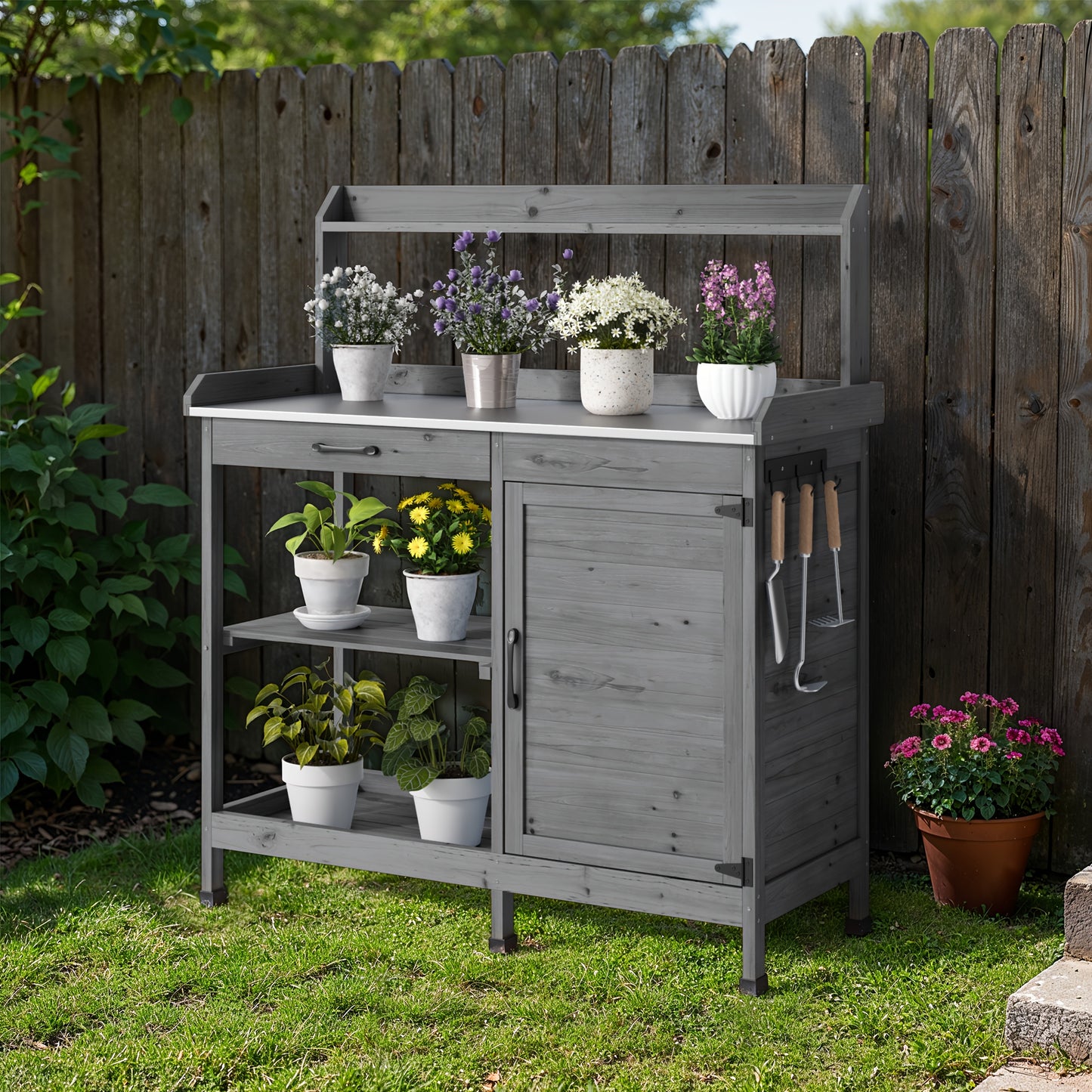 Tuinwerkbank – Oppottafel – Tuinwerktafel – Plantentafel – Tuinwerkbank Met Opbergruimte – Met Metalen Werkblad – Handige Zijhaken – Duurzaam Hout