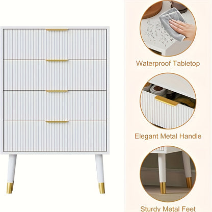 White Bohemian Dresser with Golden-Toned Legs & 4-Drawer Fluted Cabinet - Modern Small Chest of Drawers, ≥68.58cm Height, ≥3.2 Cu Ft Storage, Assembly Required for Bedroom,W Office - Versatile Furniture Organizer, Dresser