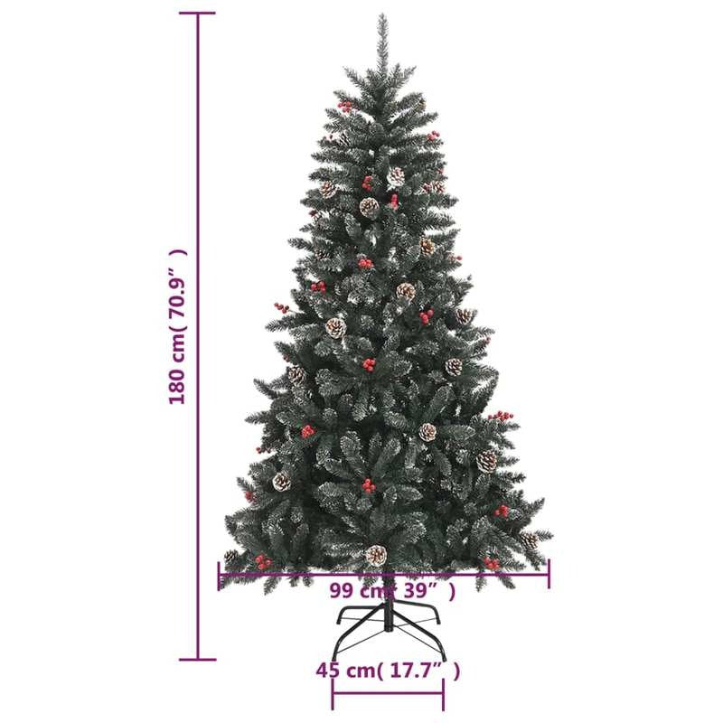 180cm Large Pre-Decorated PVC Artificial Christmas Tree with Stand - Full Tree with Pine Cones & Red Berries, Sturdy Steel Base, Dark Green & White Foliage, 30 Red/Black Ornaments, 28 Berry Clusters, 489 Pointed & 268 Straigh
