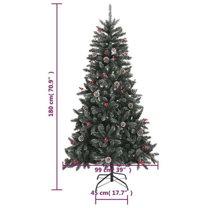 180cm Large Pre-Decorated PVC Artificial Christmas Tree with Stand - Full Tree with Pine Cones & Red Berries, Sturdy Steel Base, Dark Green & White Foliage, 30 Red/Black Ornaments, 28 Berry Clusters, 489 Pointed & 268 Straigh