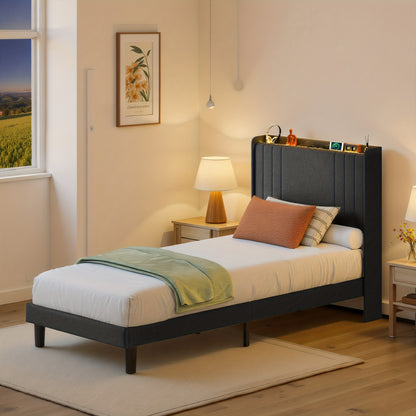 Eenpersoonsbed – Bedframe – Slaapbank – Opbergbed – Stijlvol Bed – Donkergrijs – Geluidsarm – 16 cm Opbergruimte Onderbed