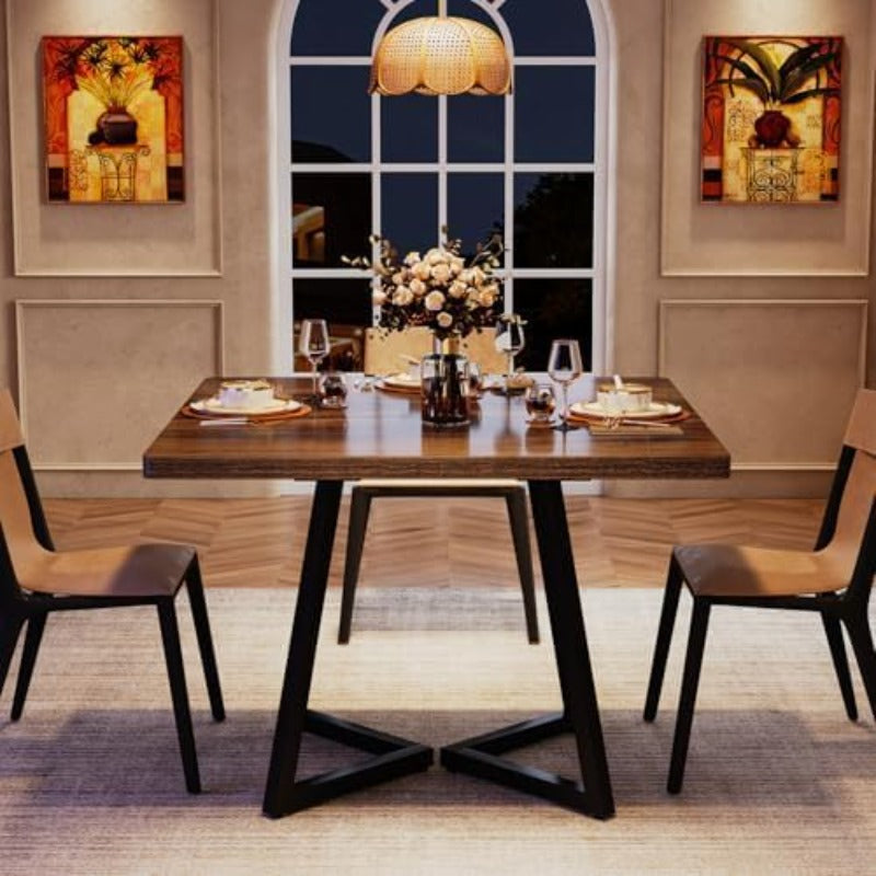Vintage Eettafel – Keukentafel – Bistrotafel – Tafel Voor 4 Personen – Houten Tafel – Industrieel Metaal Onderstel – Compact 80x80 cm – Stijlvol Bruin