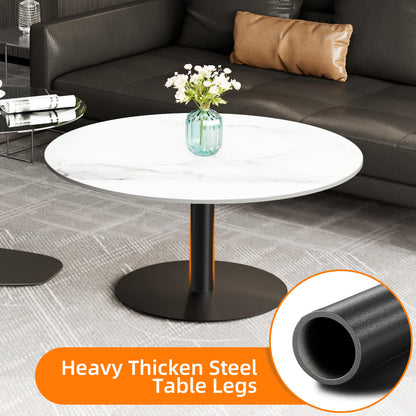 Ronde Salontafel Set – Bijzettafel – Nestbare Tafels – Koffietafel – Woonkamer Tafel – Wit Sintered Stone & Grijs Glas – Zwart Metalen Frame – Krasbestendig & Compact