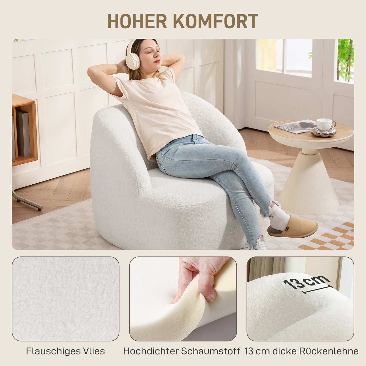 Fauteuil – Armstoel – Relaxstoel – Zitzetel – Lounge Chair – Crème Wit – Fleece Bekleding – Comfortabele Dikke Kussens