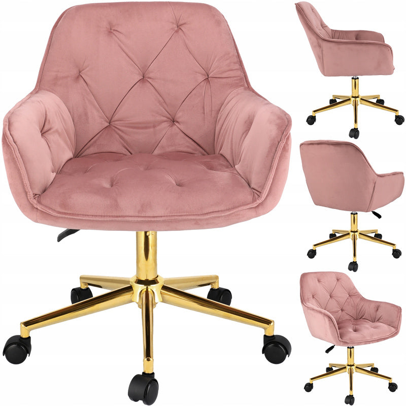 Fauteuil – Draaistoel – Bureaustoel – Werkstoel – Relaxstoel – Roze Velours – Goud Metalen Onderstel – Verstelbare Hoogte 40-50 cm – Draagvermogen 120 kg