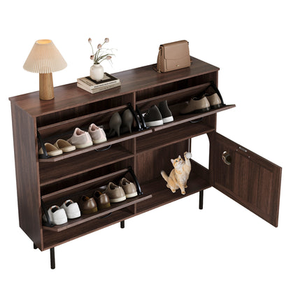 Schoenenkastje – Schoenenmeubel – Schoenenrek – Schoenenopberger – Schoenenkast – Smal Design – Notenhout Look – 3 Kantelbare Compartimenten – Met Metalen Poten – 120 cm Breed