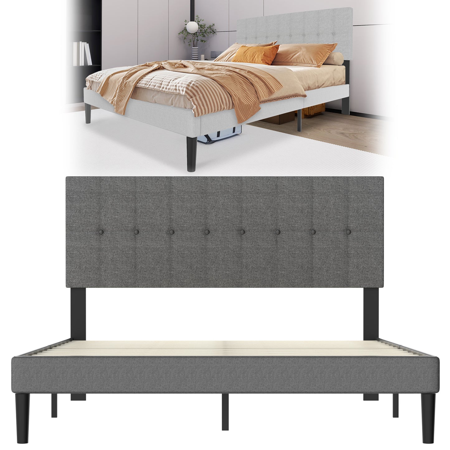 Bedframe – Gestoffeerd Bed – Ledikant – Slaapkamerbed – Lattenbodem – Donkergrijs – Linnen Hoofdbord – Stevig 140x200 cm – Draagkracht 300 kg