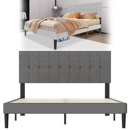 Bedframe – Gestoffeerd Bed – Ledikant – Slaapkamerbed – Lattenbodem – Donkergrijs – Linnen Hoofdbord – Stevig 140x200 cm – Draagkracht 300 kg
