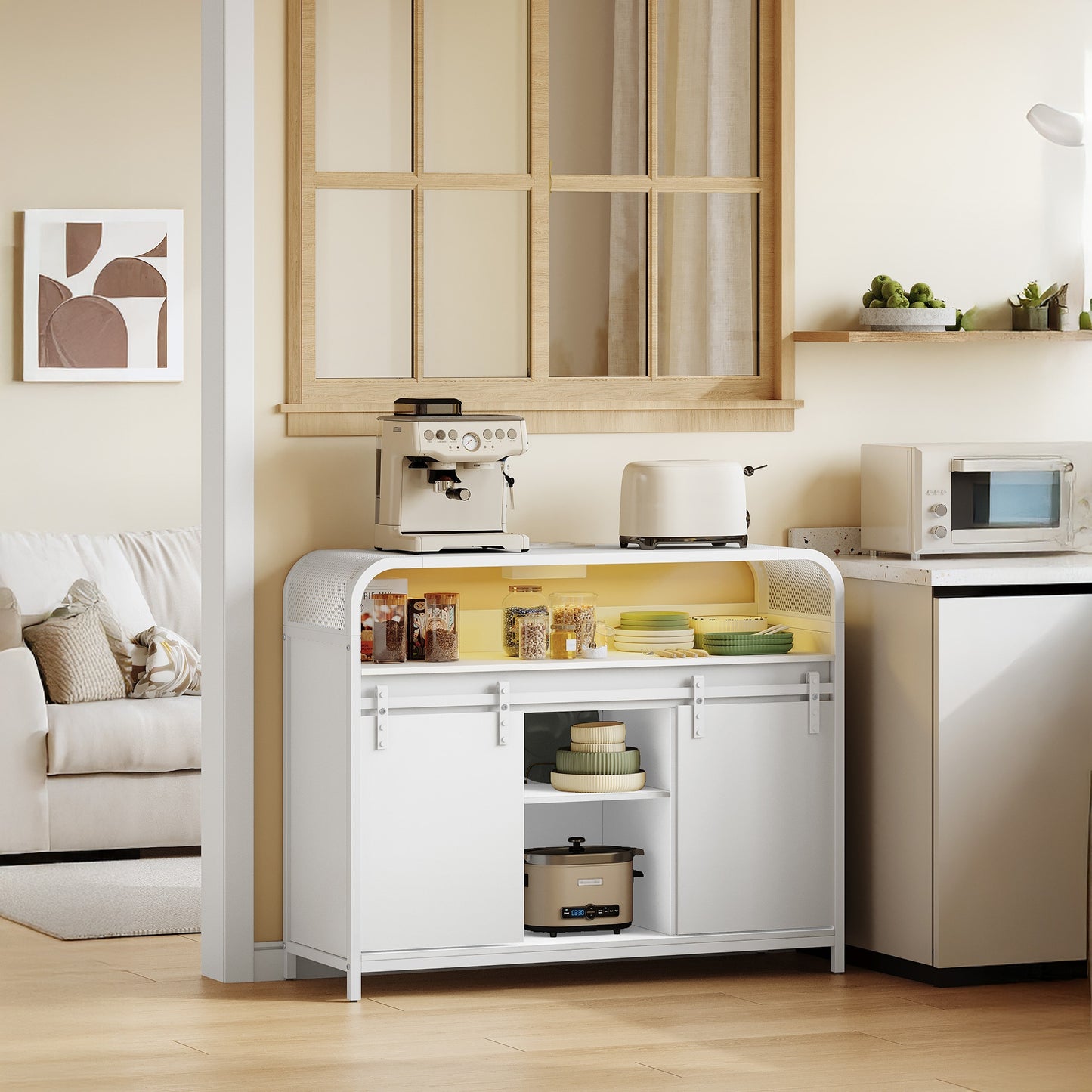 Sideboard with LED Lighting, Kitchen Cabinet with Power Strip, Storage Cabinet with 2 Sliding Doors, Adjustable Dividers, Kitchen, Dining Room, 35 X 100 X 80cm, Kitchen Sideboard Cabinet, Pantry Cabinet for Kitchen, Cupboard