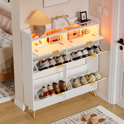 Schoenenkast – Schoenenrek – Schoenenopberger – Halkast – Smalle Kast – 4 Deuren – Glazen Bovenblad – Ruimtebesparend Wit Design