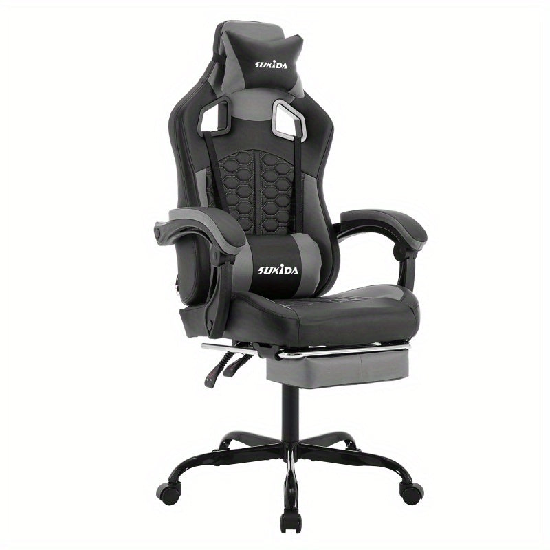 Gamingstoel – Gamestoel – Gaming Chair – Game Stoel – Bureaustoel – Ergonomisch – Verstelbare Lendensteun & Hoofdsteun – Met Metalen Frame & Voetensteun - Grijs en Zwart