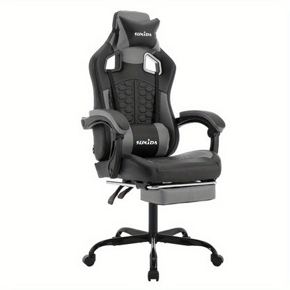 Gamingstoel – Gamestoel – Gaming Chair – Game Stoel – Bureaustoel – Ergonomisch – Verstelbare Lendensteun & Hoofdsteun – Met Metalen Frame & Voetensteun - Grijs en Zwart