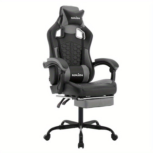 Gamingstoel – Gamestoel – Gaming Chair – Game Stoel – Bureaustoel – Ergonomisch – Verstelbare Lendensteun & Hoofdsteun – Met Metalen Frame & Voetensteun - Grijs en Zwart