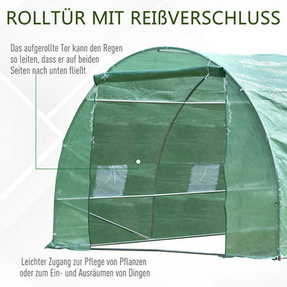 Heavy Duty Greenhouse with Arched Design & Window - Large 595x300x200cm (19.5x9.8x6.6ft) Outdoor Plant Insulation Room, Durable Plastic Construction with Sturdy Frame, All-Weather Protection, Ventilation System & Shelving Com