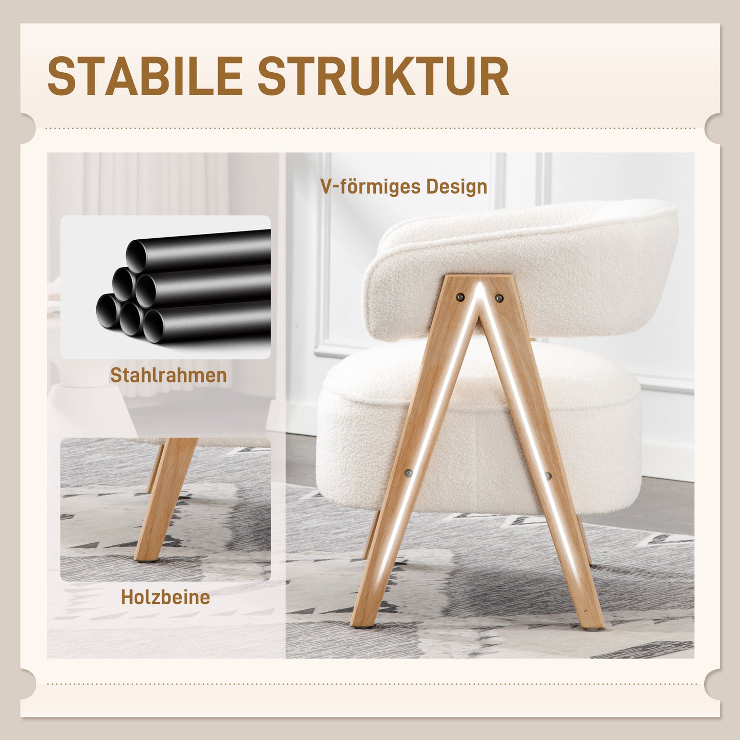 Fauteuil – Stoel – Armstoel – Zitstoel – Accentstoel – Wit – Zachte Fleece Bekleding – Metaal Frame Met Houten Poten
