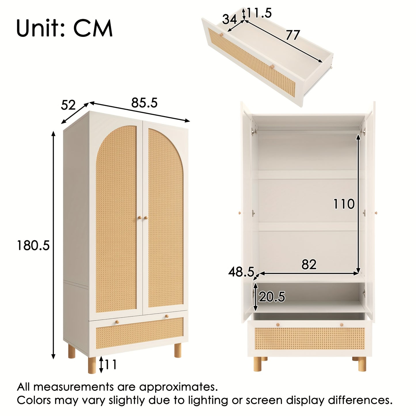 Kastenunit – Opbergkast – Kabinet – Dressoir – Ladekast – Tegen Kantelen – Verstelbare Planken – Rieten Deuren – Vrijstaand – Wit Houtkleur