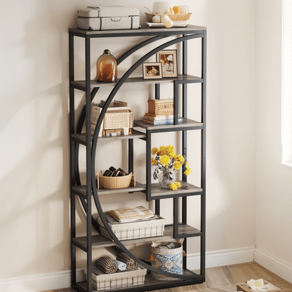 70-Inch Tall Industrial Modern Bookcase with 8 Shelves - Heavy-Duty Wood & Black Metal Frame, Curved Back Panel Design, White/Painted - Sturdy -Standing Storage Unit for Home Office, Living Room, Display Shelving (Assembly Re
