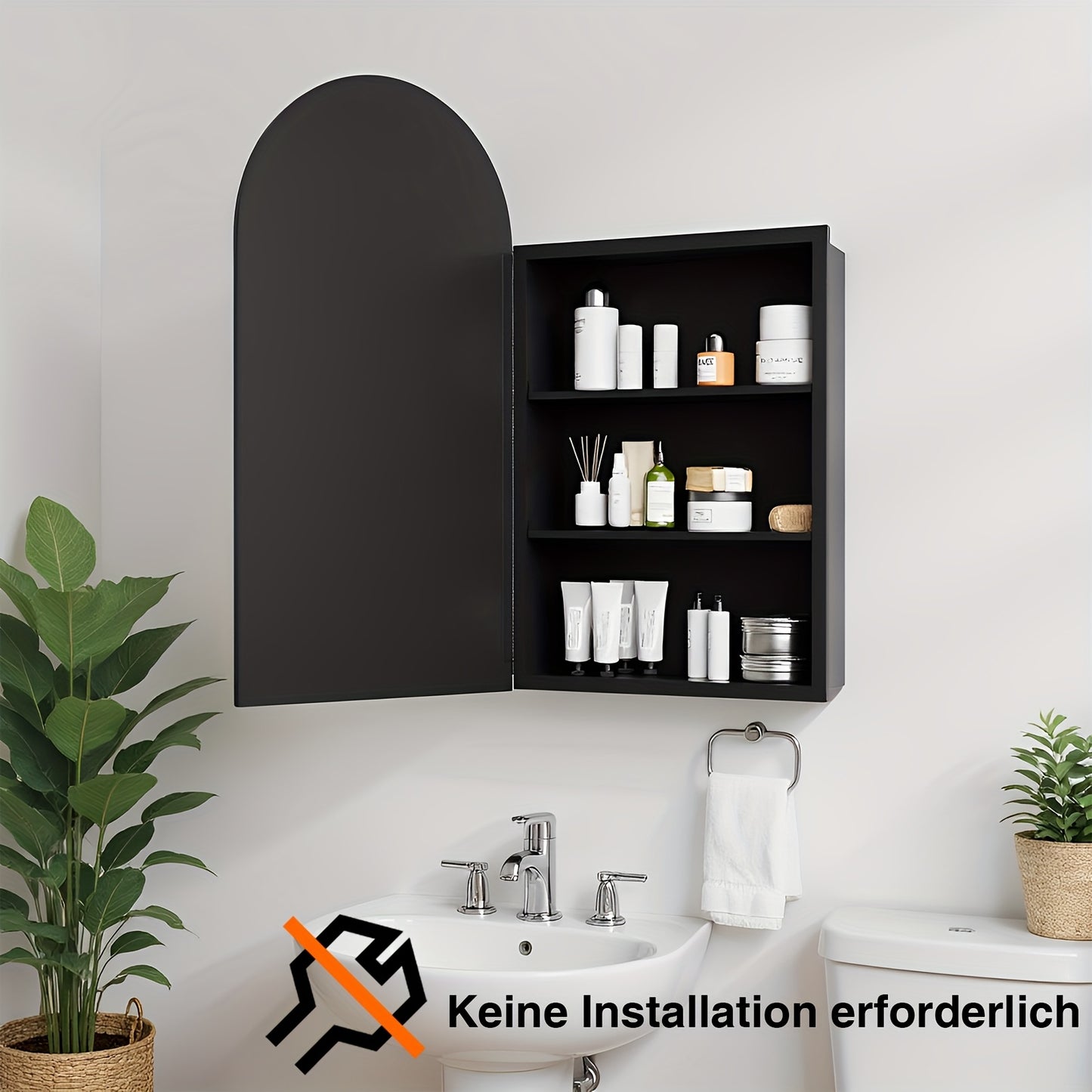 Badkamerspiegelkast – Spiegelkast – Medicijnkast – Wandkast – Opbergkast – Boogvormig – Verstelbare Legplanken – Zwart Met Stalen Frame