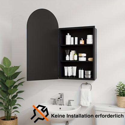 Badkamerspiegelkast – Spiegelkast – Medicijnkast – Wandkast – Opbergkast – Boogvormig – Verstelbare Legplanken – Zwart Met Stalen Frame