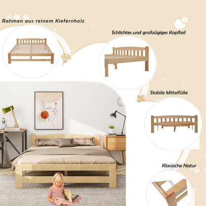 Houten Tweepersoonsbed – Massief Bed – Futonbed – Jeugdbed – Volwassenenbed – Natuurlijk Hout – 140x200 cm – Robuuste Lattenbodem