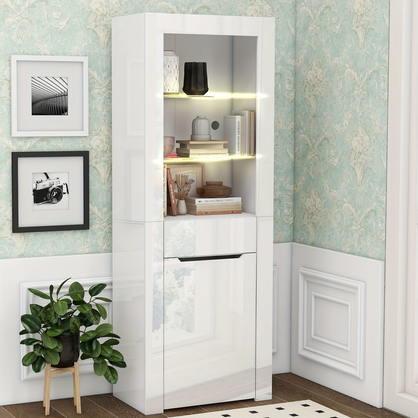 Modern White Freestanding Display Cabinet with Doors & Shelves - Heavy-Duty /Metal Frame Bookcase, 68.58cm+ Tall Storage Unit for Living Room, Kitchen, Office - No Assembly Required, Space-Saving Vertical Organizer (≥3.2 Cu