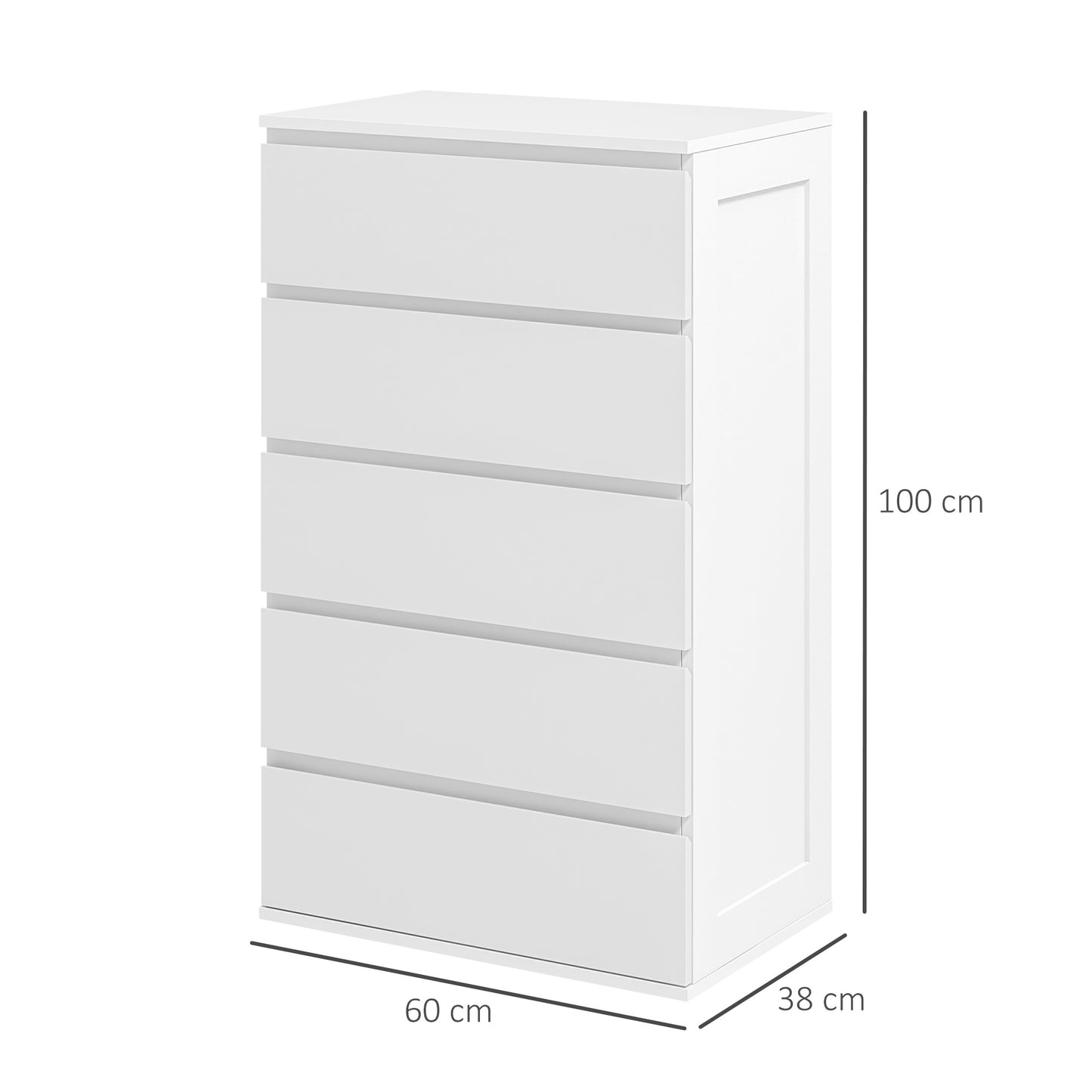 Ladekast – Commode – Ladenkast – Opbergkast – Kast Zonder Handgrepen – Modern Design – 5 Laden – Wit – 60x38x100 cm – Anti-Kantel Systeem