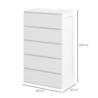 Ladekast – Commode – Ladenkast – Opbergkast – Kast Zonder Handgrepen – Modern Design – 5 Laden – Wit – 60x38x100 cm – Anti-Kantel Systeem