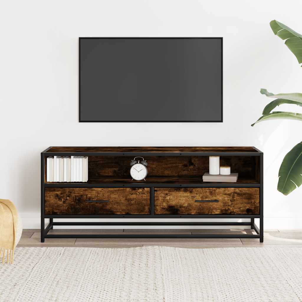 TV Cabinet Smoked Oak 100x34.5x40 cm Engineered Wood and Metal TV Stand Entertainment Center with Storage, Media Television Table for Living Room Bedroom