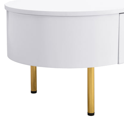 Salontafel Ovaal – Woonkamer Tafel – Koffietafel – Bijzettafel – Wit Met Gouden Details – 2 Opberglades – Afgeronde Hoeken – MDF 108 cm