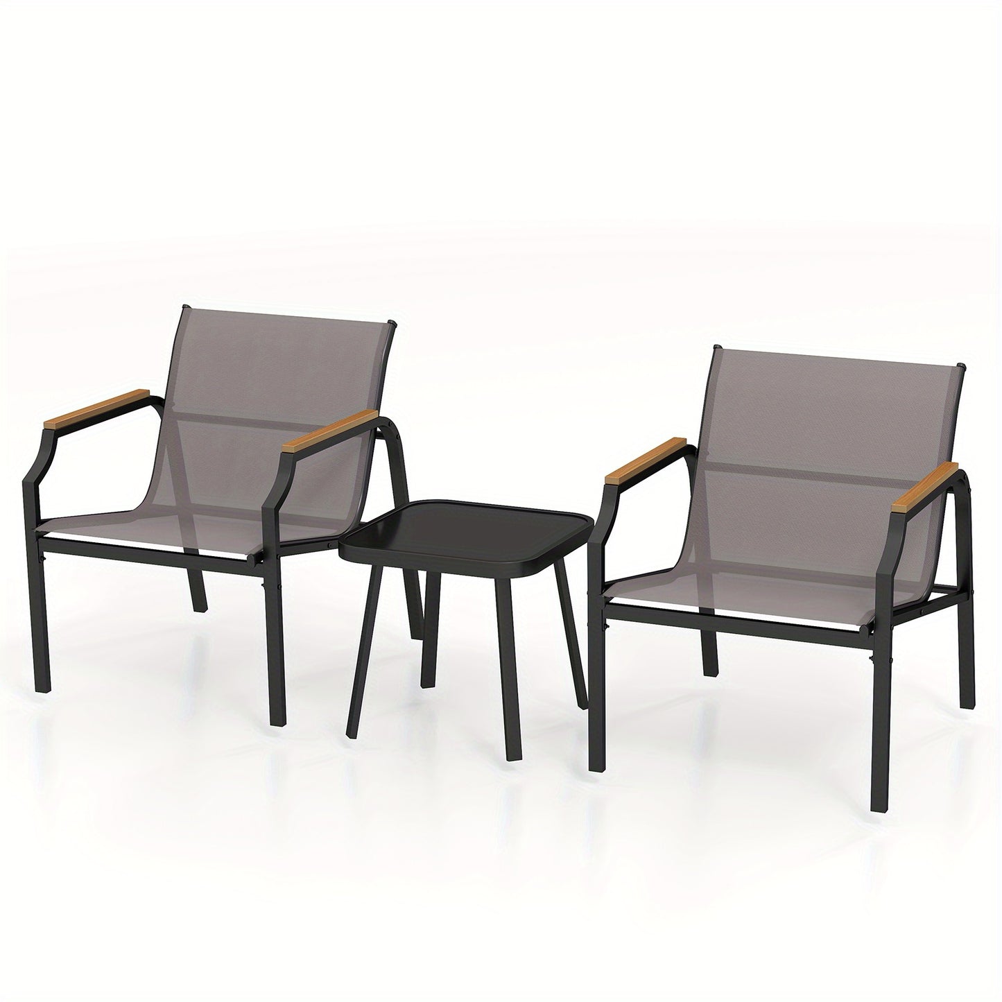 3-delig Tuinset – Tuinstoel – Balkonmeubel – Terrasstoel – Bijzettafel – Metalen Frame – Ademend Snel Droog Stof – Hout-Kunststof Armleuningen