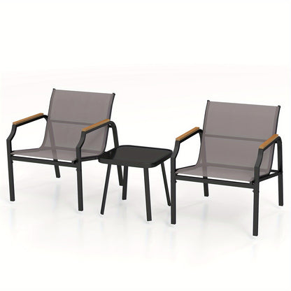 3-delig Tuinset – Tuinstoel – Balkonmeubel – Terrasstoel – Bijzettafel – Metalen Frame – Ademend Snel Droog Stof – Hout-Kunststof Armleuningen