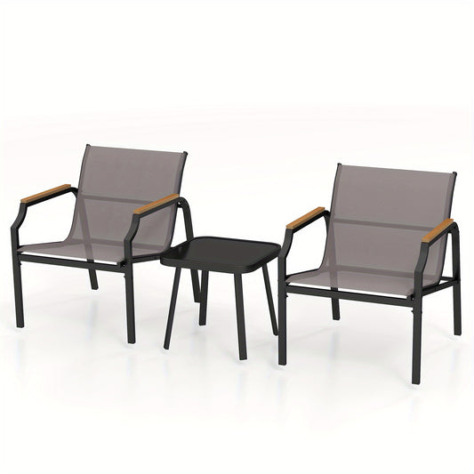 3-delig Tuinset – Tuinstoel – Balkonmeubel – Terrasstoel – Bijzettafel – Metalen Frame – Ademend Snel Droog Stof – Hout-Kunststof Armleuningen