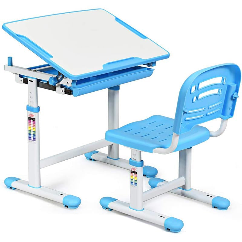 Kinderbureau – Kindertafel – Tekentafel – Schoolbureau – Kinderwerkplek – Hoogteverstelbaar – Incl. Lade en Haak – Blauw – PP en Metaal