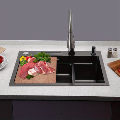 OUKANING Kitchen Sink with 360° Rotatable Pull-out Faucet, Stainless Steel Sink with Chopping Board & Soap Dispenser, Stainless Steel Sink Set, for Home/ Hotel/ Restaurant/ Bar