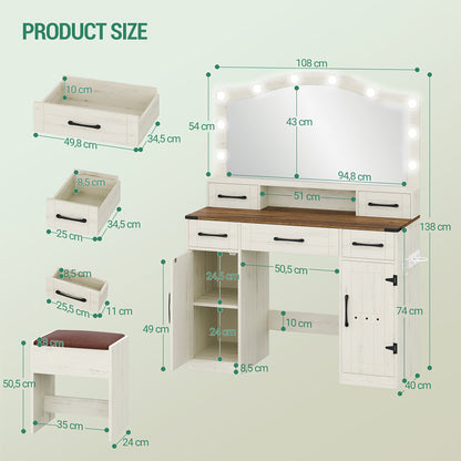 Kaptafel – Make-uptafel – Beautytafel – Schoonheidstafel – Toiletmeubel – Rustiek Bruin-Wit – Led-Verlichting Met 3 Lichtstanden – 5 Lades + 2 Kastdeuren Met Haardrogerhouder