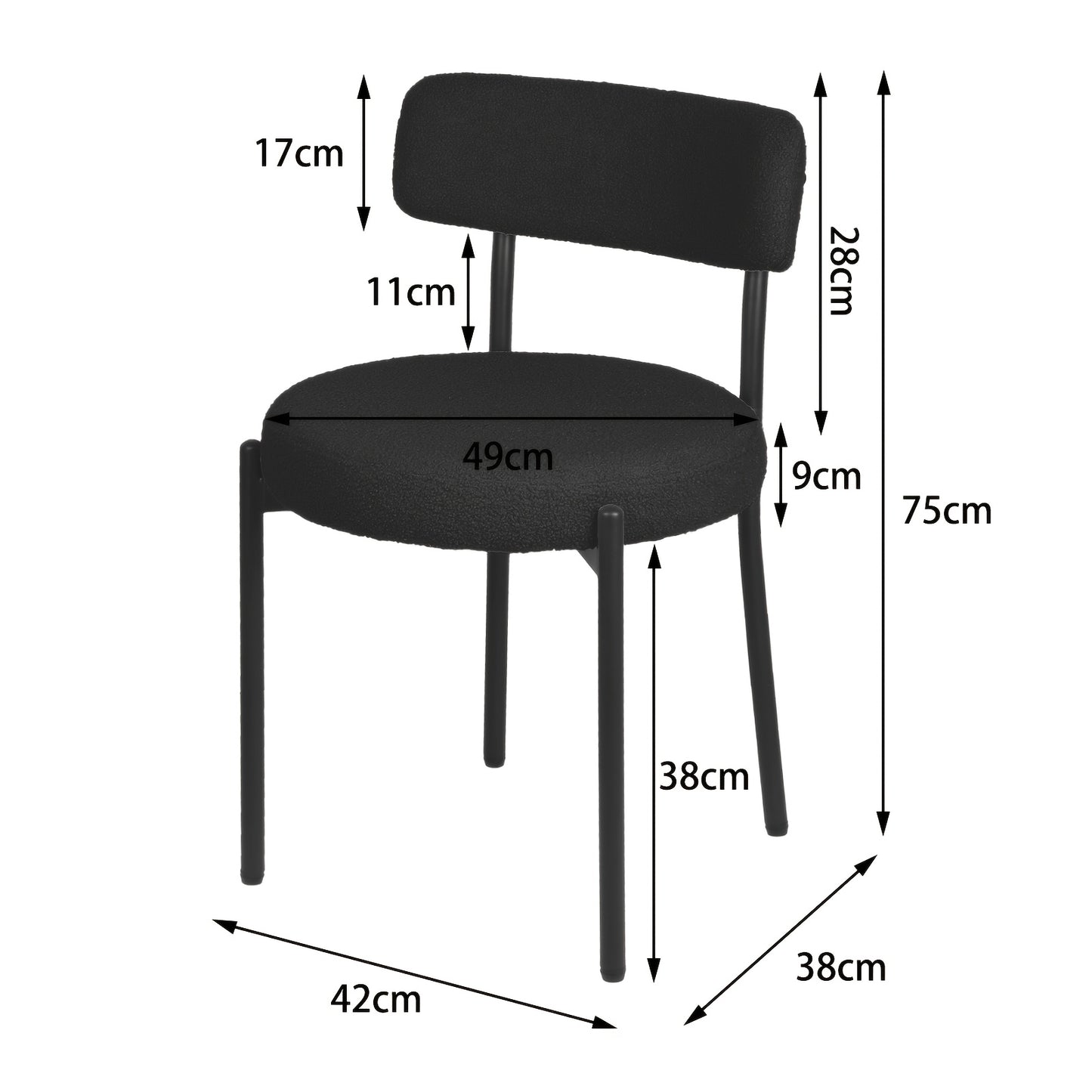 Boucle Fabric Dining Chairs Set Of 4, Round Upholstered Dining Room Chairs with Black Metal Legs, Open Back Design, Modern Kitchen Dining Room Chairs for Kitchen, Living Room(4pcs, Black), Dining Table Chairs, Kitchen Table A