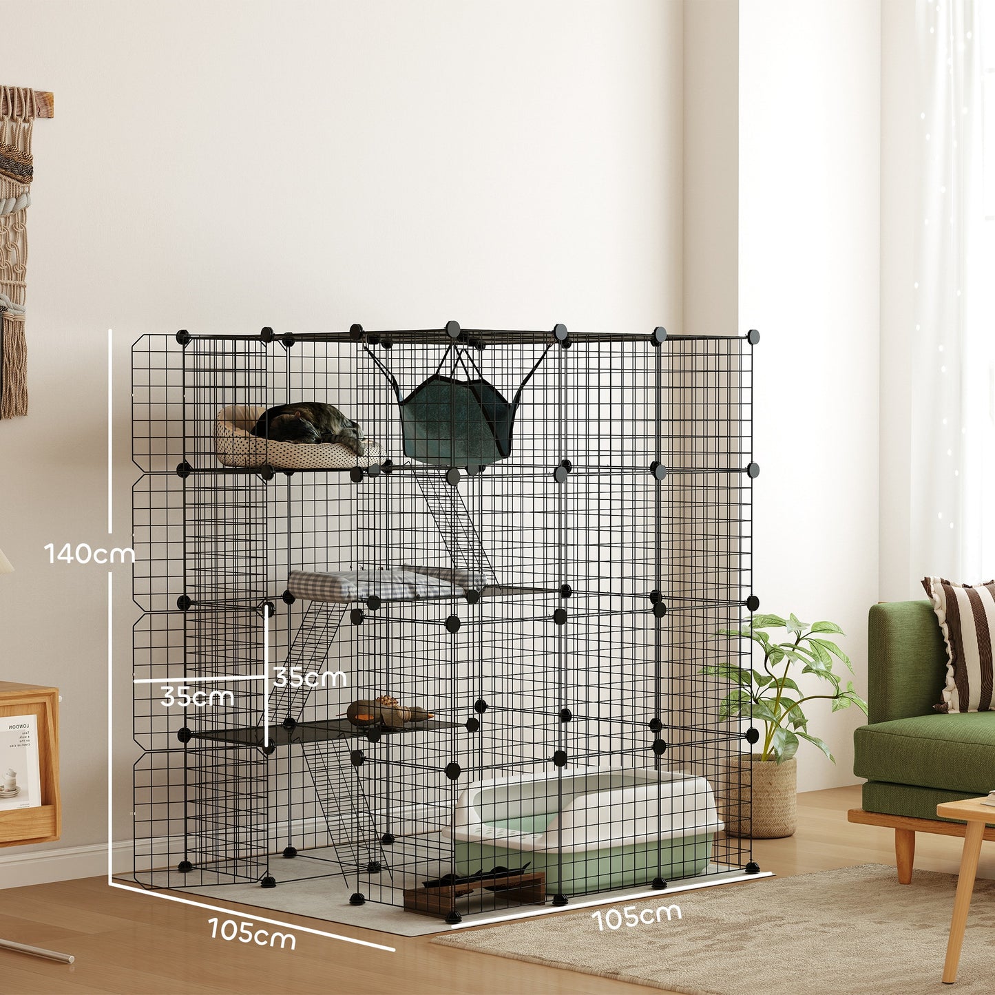 Modulaire Binnenren – Konijnenren – Kleine Dierenkooi – Binnenkooi – Huisdierenren – Zwart Metalen Draadwerk – 4 Niveaus en 1,1 m² Speelruimte