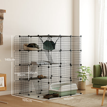 Modulaire Binnenren – Konijnenren – Kleine Dierenkooi – Binnenkooi – Huisdierenren – Zwart Metalen Draadwerk – 4 Niveaus en 1,1 m² Speelruimte