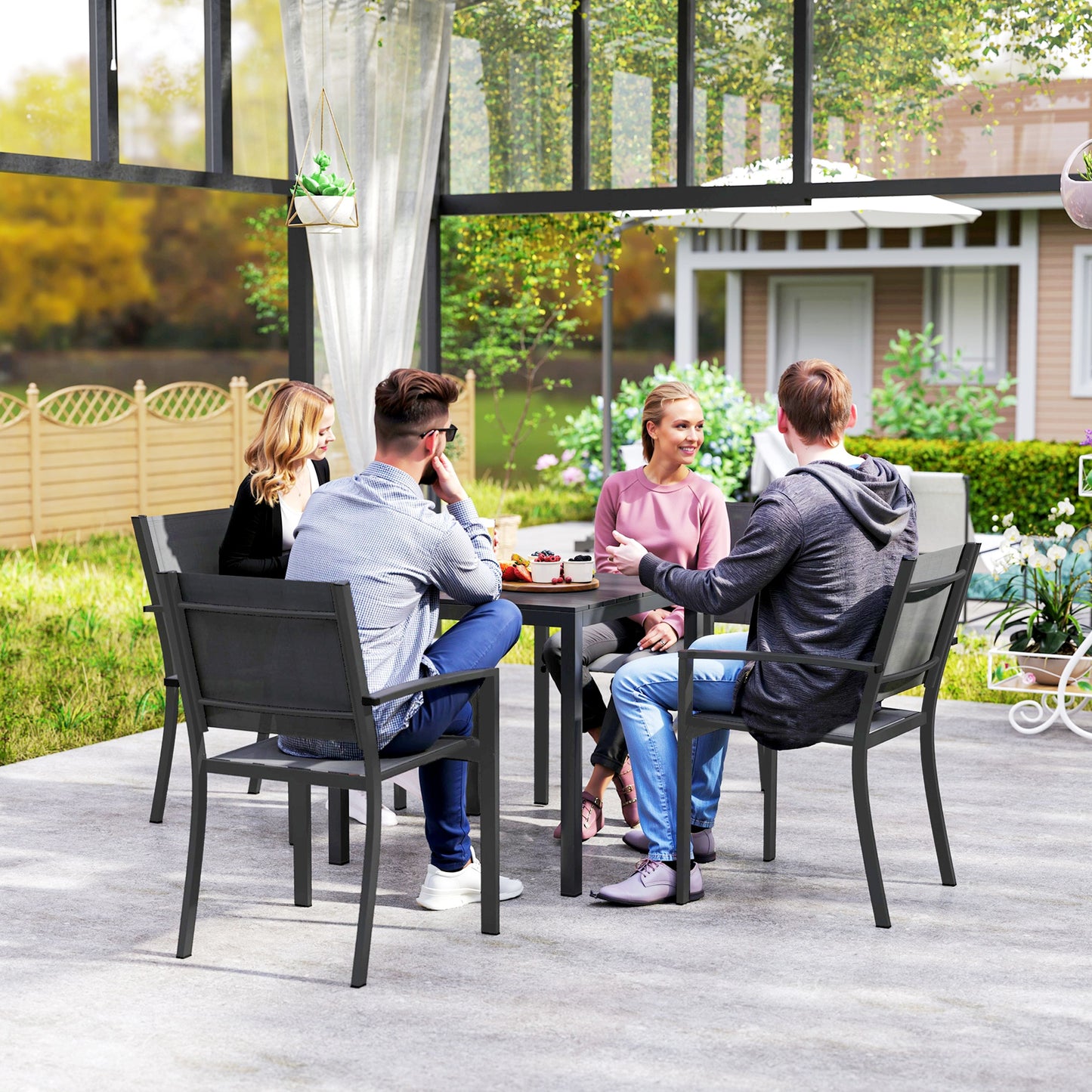 Weerbestendige Tuin- en Terrastafel – Buiten Tafel – Balkon Tafel – Camping Tafel – Tuinmeubel – Zwart – Aluminium Frame – Houtlook Kunststof Blad – 73x73 cm – Voor 4 Personen