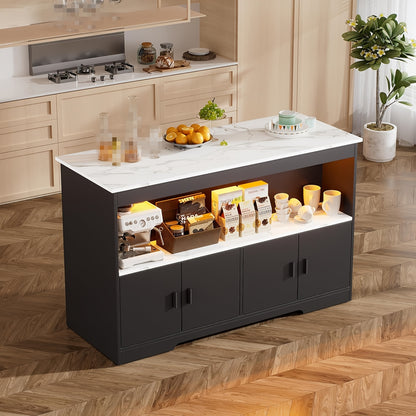 Keukeneiland – Keukentrolley – Keukenkast – Serveerwagen – Buffetkast – Marmerlook Blad – Stevig Hout Met Veel Opbergruimte - Zwart en Wit