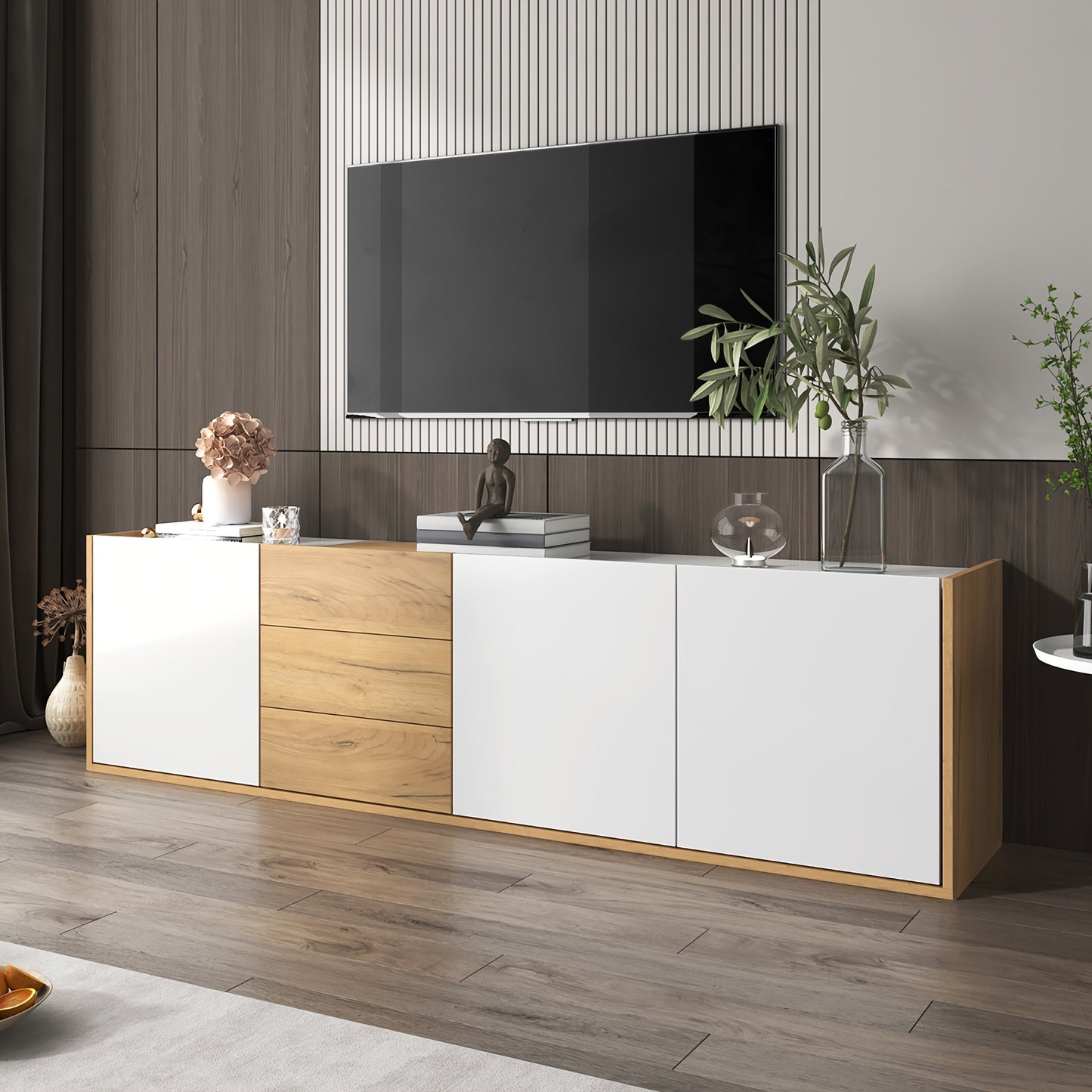TV-meubel – TV-kast – Mediameubel – Entertainmentmeubel – Lowboard – Wit en Houtkleur – Wandmontage en Vrijstaand – Onderhoudsvriendelijk materiaal