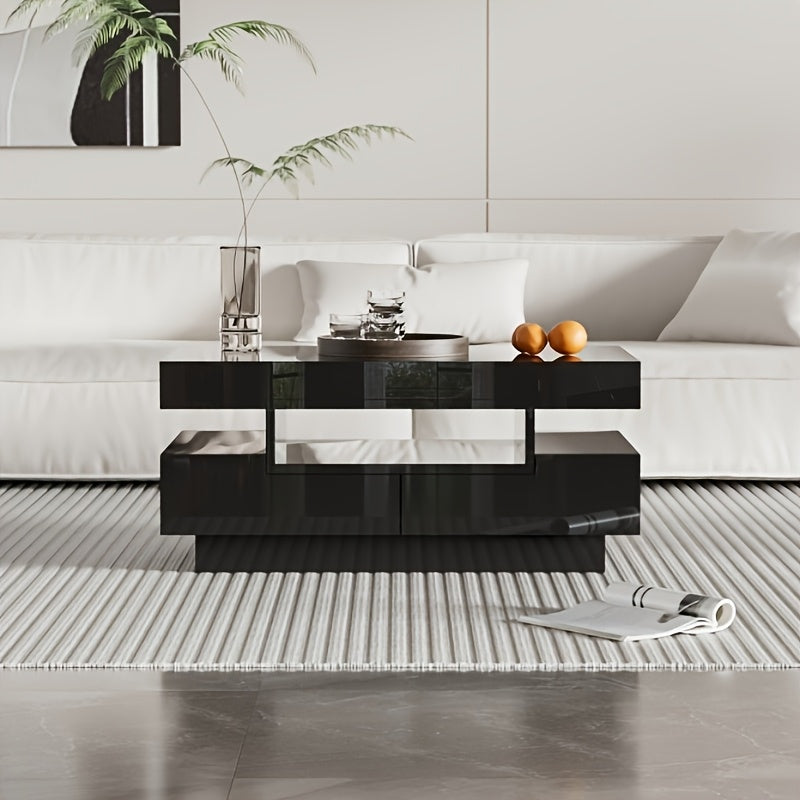 Modern Coffee Table with High-Gloss Black Finish - Large Living Room Center Table, 4 Drawers (Front & Back), Spacious Storage, Easy Assembly, for Living Room, Home Office, or Entertainment Spaces - Durable Furniture, Coffee T