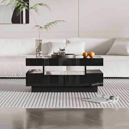 Modern Coffee Table with High-Gloss Black Finish - Large Living Room Center Table, 4 Drawers (Front & Back), Spacious Storage, Easy Assembly, for Living Room, Home Office, or Entertainment Spaces - Durable Furniture, Coffee T